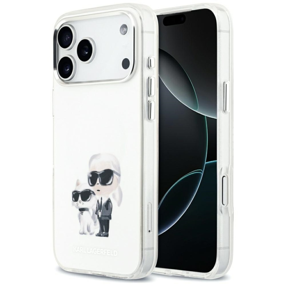 Husa pentru iPhone 17 Pro Max, IML Glitter K&C Heads Logo MagSafe, Clear Mono Karl&Choupette
