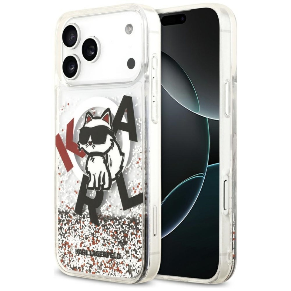 Husa pentru iPhone 17 Pro Max,Liquid Glitter Choupette Logo MagSafe, Karl Lagerfeld - Transparenta