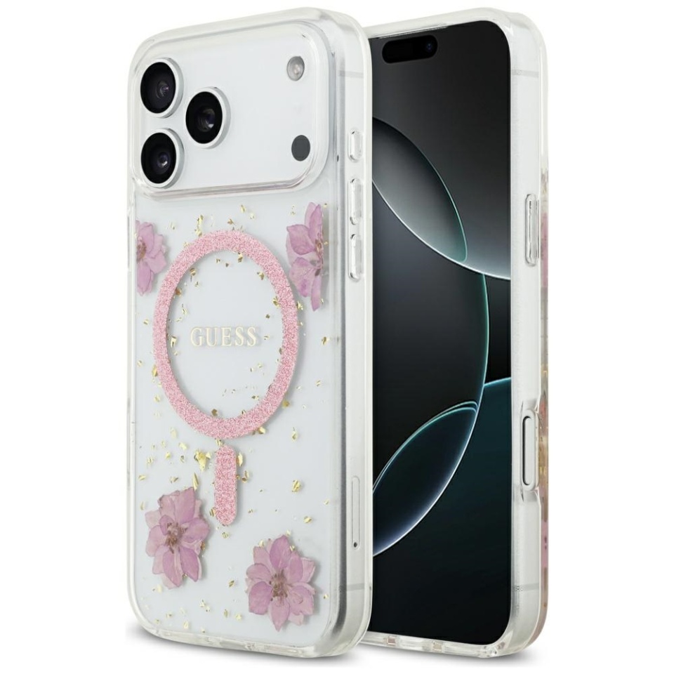 Husa pentru iPhone 17 Pro Max, Resin Flowers and Glitter MagSafe, Guess - Roz