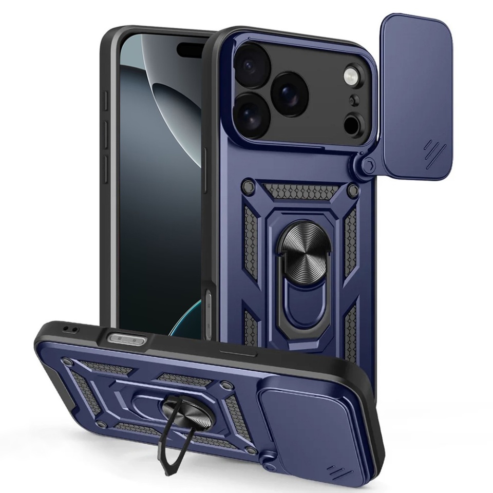 Husa pentru iPhone 17 Pro Max, SKYDDAR INNOVATION, CamShield, Inel magnetic, set cu sticker, Albastru
