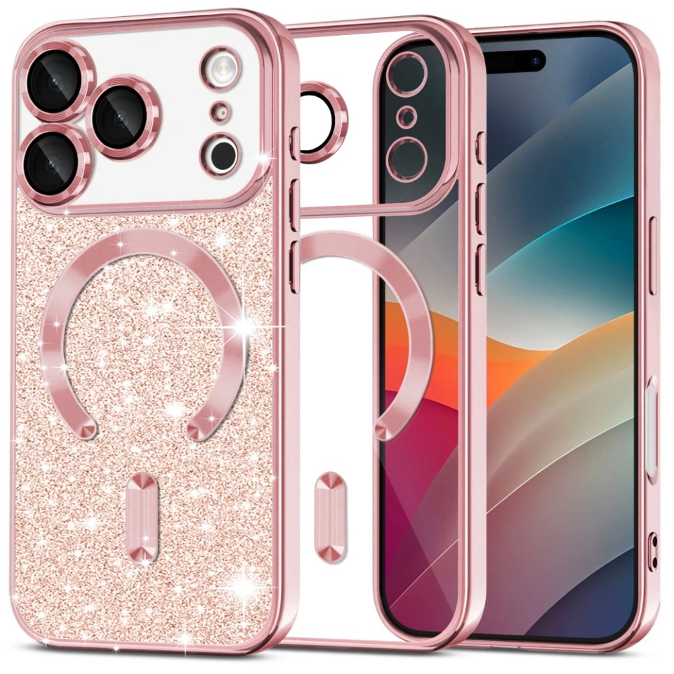 Husa pentru iPhone 17 Pro Max, SKYDDAR INNOVATION, Luxury Glitter Magsafe, Antisoc, Fundal Detasabil 2-in-1, Margini Ridicate, set cu sticker, Roz auriu