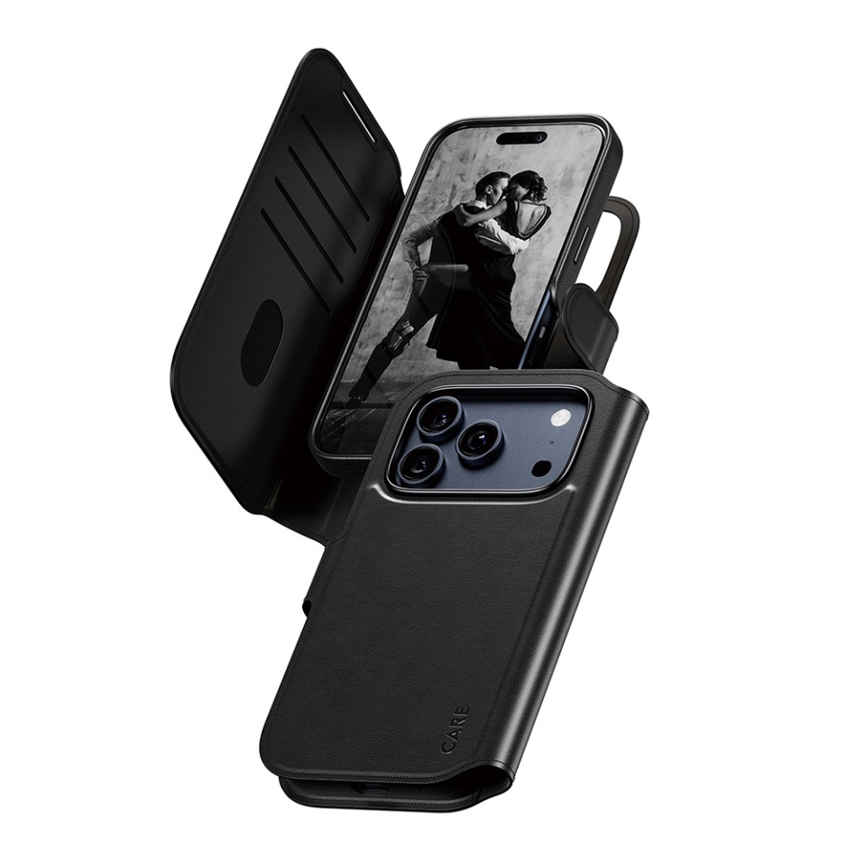 Husa pentru iPhone 17 Pro, PanzerGlass, CARE Feature MagSafe Case Tango Two-in-One Wallet, Tip Carte Detasabila 2in1 cu Portofel si Prindere Magnetica, Piele Ecologica, Antisoc, Negru