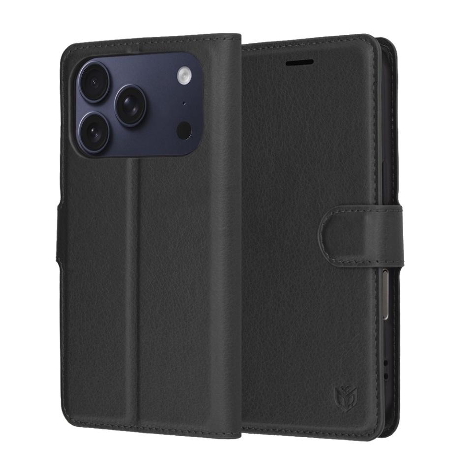 Husa pentru iPhone 17 Pro, SKYDDAR INNOVATION, Leather Folio tip Carte, cu Portofel Interior, Finisaje Premium, set cu sticker, Negru