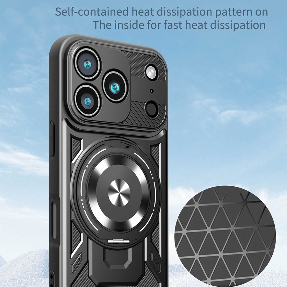 Husa pentru iPhone 17 Pro, SKYDDAR INNOVATION, RuggedCam, Inel magnetic antisoc, set cu sticker, Negru - 3 | YEO