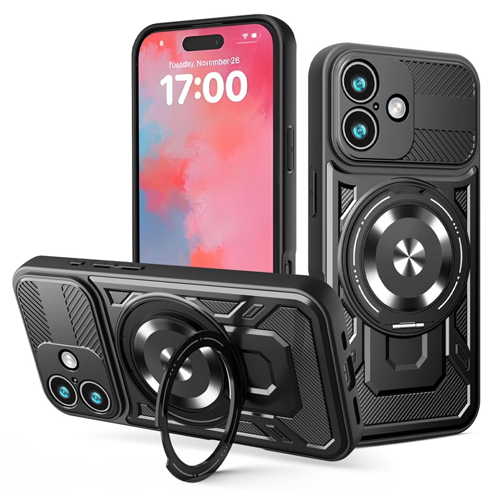 Husa pentru iPhone 17, SKYDDAR INNOVATION, RuggedCam, Inel magnetic antisoc, set cu sticker, Negru