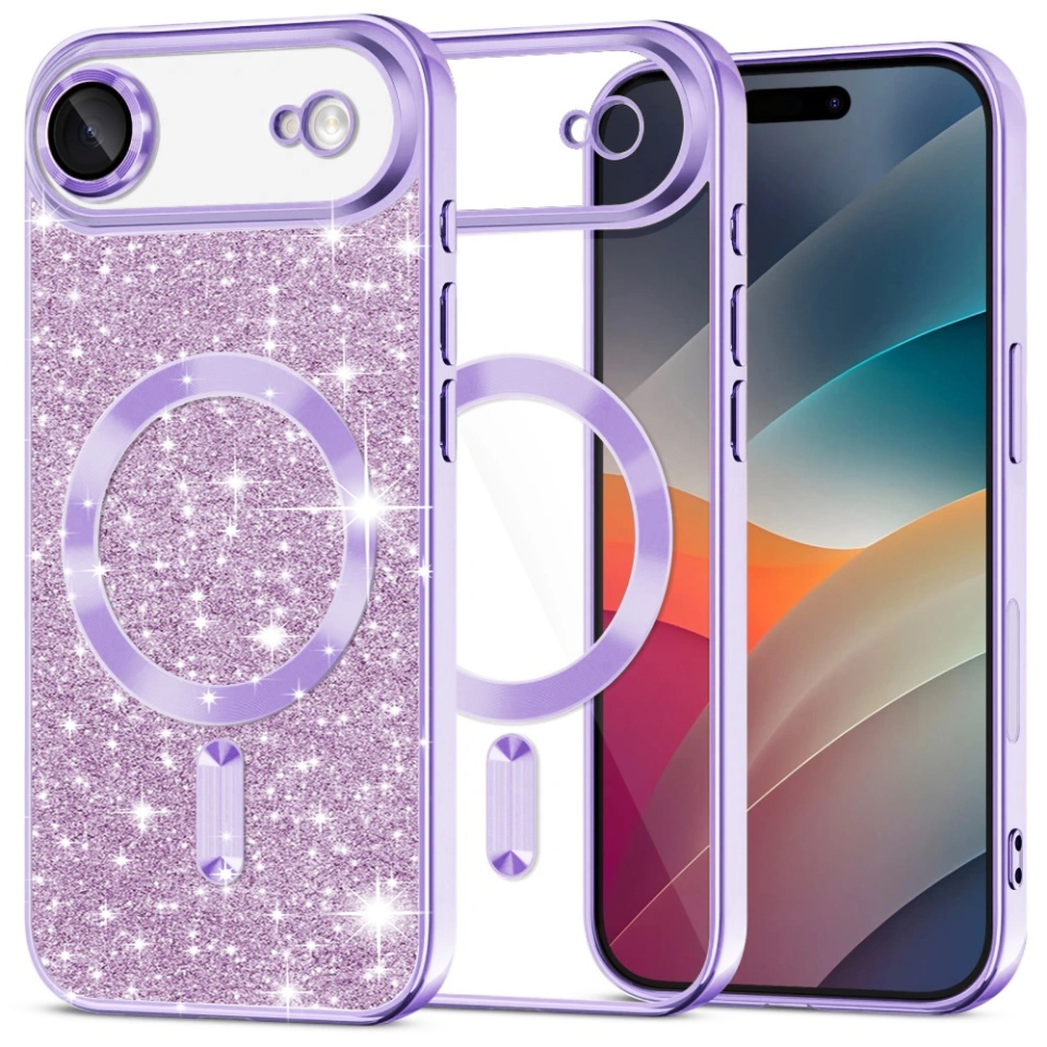 Husa pentru iPhone Air, SKYDDAR INNOVATION, Luxury Glitter Magsafe, Antisoc, Fundal Detasabil 2-in-1, Margini Ridicate, set cu sticker, Mov deschis