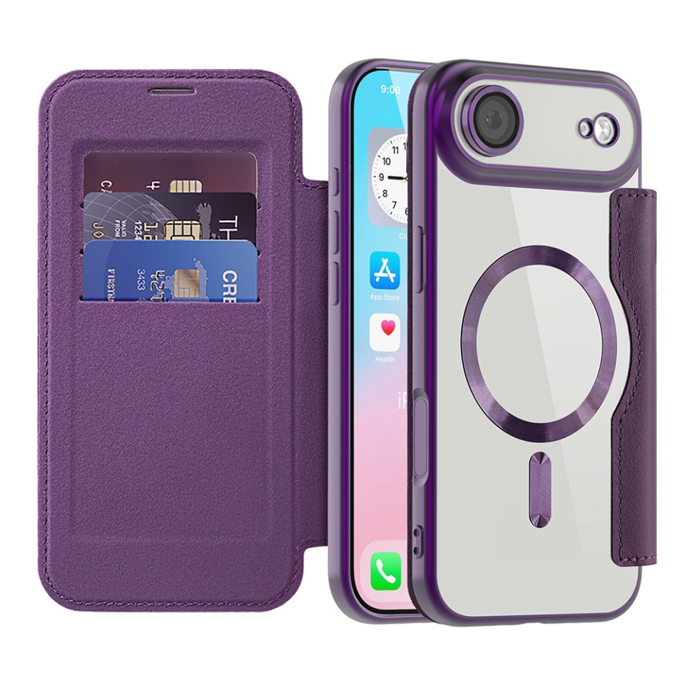 Husa pentru iPhone Air tip carte, SKYDDAR INOVATION, SmartMag Book, Magsafe, RFiD, Suport Carduri, set cu sticker, Mov