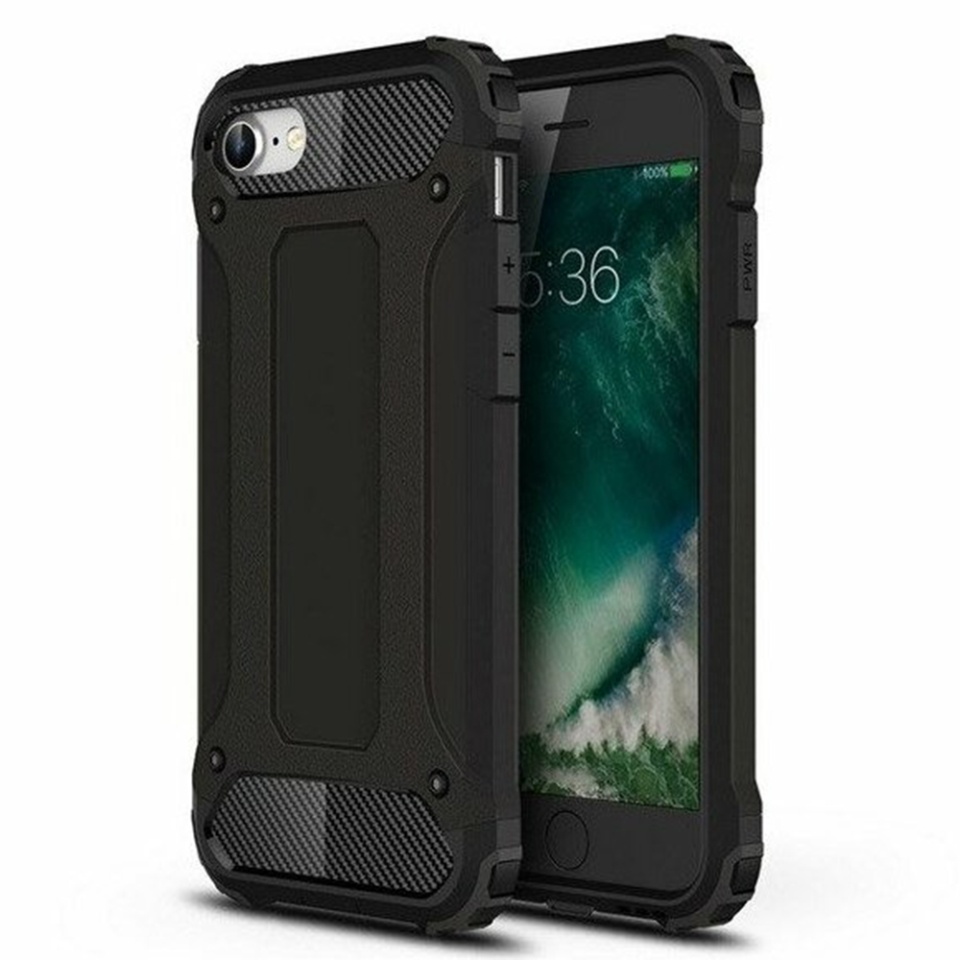 Husa pentru iPhone SE 2, SE 2020 / 7 / 8 / SE 3, SE 2022, SKYDDAR INNOVATION, Hybrid Armor, din Plastic Dur, Margini Cauciucate, Antisoc, set cu sticker, Negru