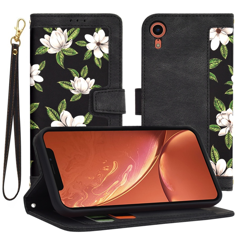 Husa pentru iPhone XR din Piele Ecologică cu Design Floral, Protecție 360°, Stand Integrat, Buzunare pentru Carduri, SKDR Floral Wallet - Negru