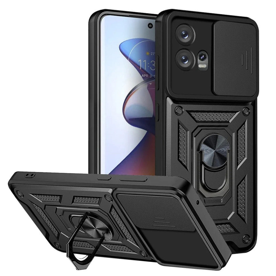 Husa pentru Motorola Edge 30 Fusion, SKYDDAR INNOVATION, CamShield, Inel magnetic, set cu sticker, Negru
