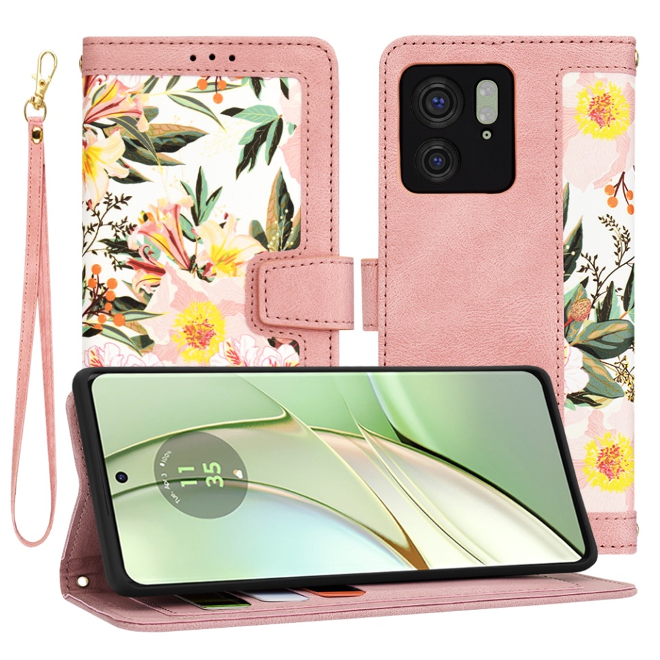 Husa pentru Motorola Edge 40 / Edge (2023) din Piele Ecologică cu Design Floral, Protecție 360°, Stand Integrat, Buzunare pentru Carduri, SKDR Floral Wallet - Roz