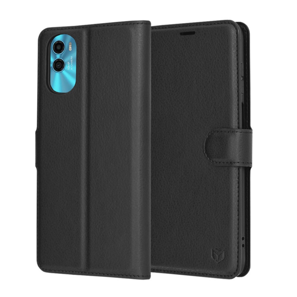 Husa pentru Motorola Moto E22s, SKYDDAR INNOVATION, Leather Folio tip Carte, cu Portofel Interior, Finisaje Premium, set cu sticker, Negru