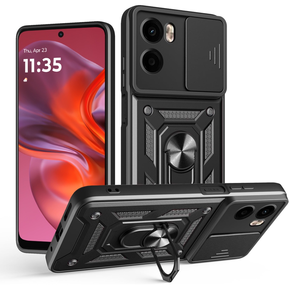Husa pentru Motorola Moto G05 / Moto E15, SKYDDAR INNOVATION, CamShield, Inel magnetic, set cu sticker, Negru