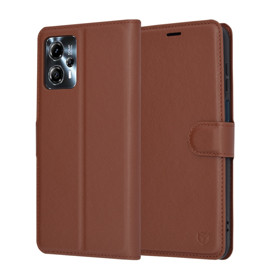 Husa pentru Motorola Moto G23 / Moto G13, SKYDDAR INNOVATION, Leather Folio tip Carte, cu Portofel Interior, Finisaje Premium, set cu sticker, Maro