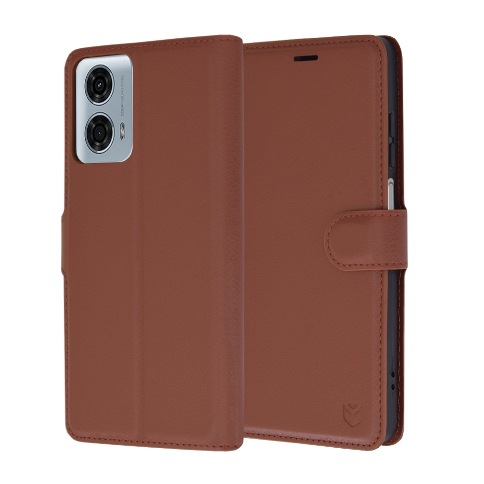 Husa pentru Motorola Moto G24 Power, SKYDDAR INNOVATION, Leather Folio tip Carte, cu Portofel Interior, Finisaje Premium, set cu sticker, Maro