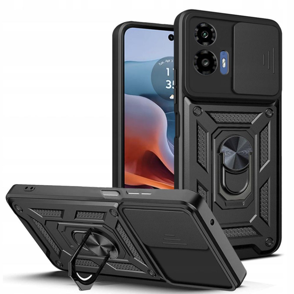 Husa pentru Motorola Moto G34 / Moto G45, SKYDDAR INNOVATION, CamShield, Inel magnetic, set cu sticker, Negru