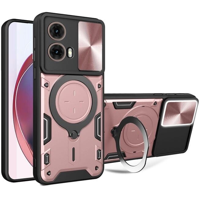 Husa pentru Motorola Moto G35, cu inel magnetic si suport ajustabil, protectie completa camera, SKDR SafeCover - Roz auriu