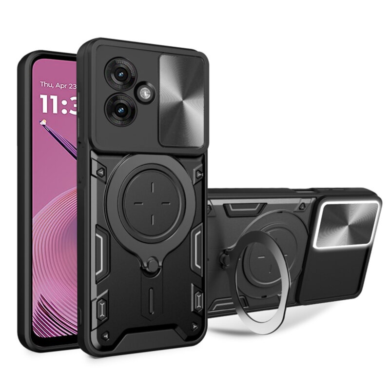 Husa pentru Motorola Moto G55, cu inel magnetic si suport ajustabil, protectie completa camera, SKDR SafeCover - Negru