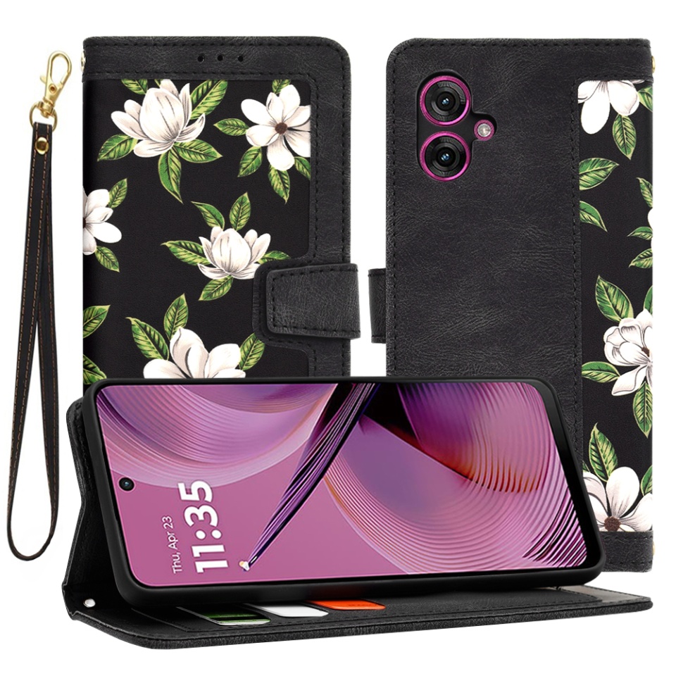 Husa pentru Motorola Moto G55 din Piele Ecologică cu Design Floral, Protecție 360°, Stand Integrat, Buzunare pentru Carduri, SKDR Floral Wallet - Negru