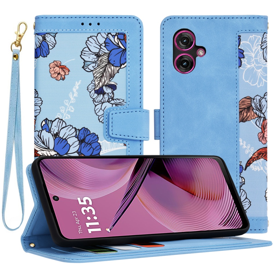 Husa pentru Motorola Moto G55 din Piele Ecologică cu Design Floral, Protecție 360°, Stand Integrat, Buzunare pentru Carduri, SKDR Floral Wallet - Bleu
