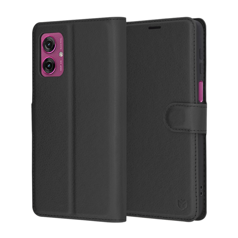 Husa pentru Motorola Moto G55, SKYDDAR INNOVATION, Leather Folio tip Carte, cu Portofel Interior, Finisaje Premium, set cu sticker, Negru