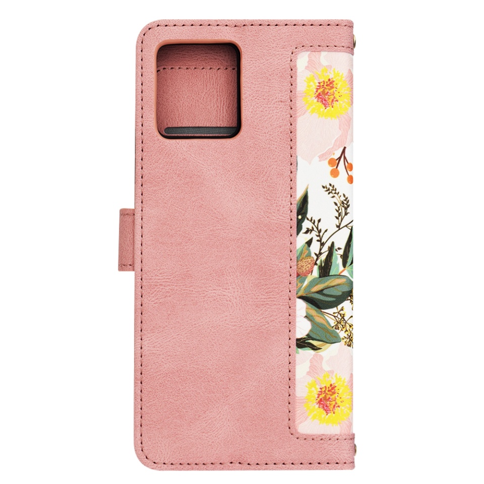 Husa pentru Motorola Moto G72 din Piele Ecologică cu Design Floral, Protecție 360°, Stand Integrat, Buzunare pentru Carduri, SKDR Floral Wallet - Roz - 2 | YEO