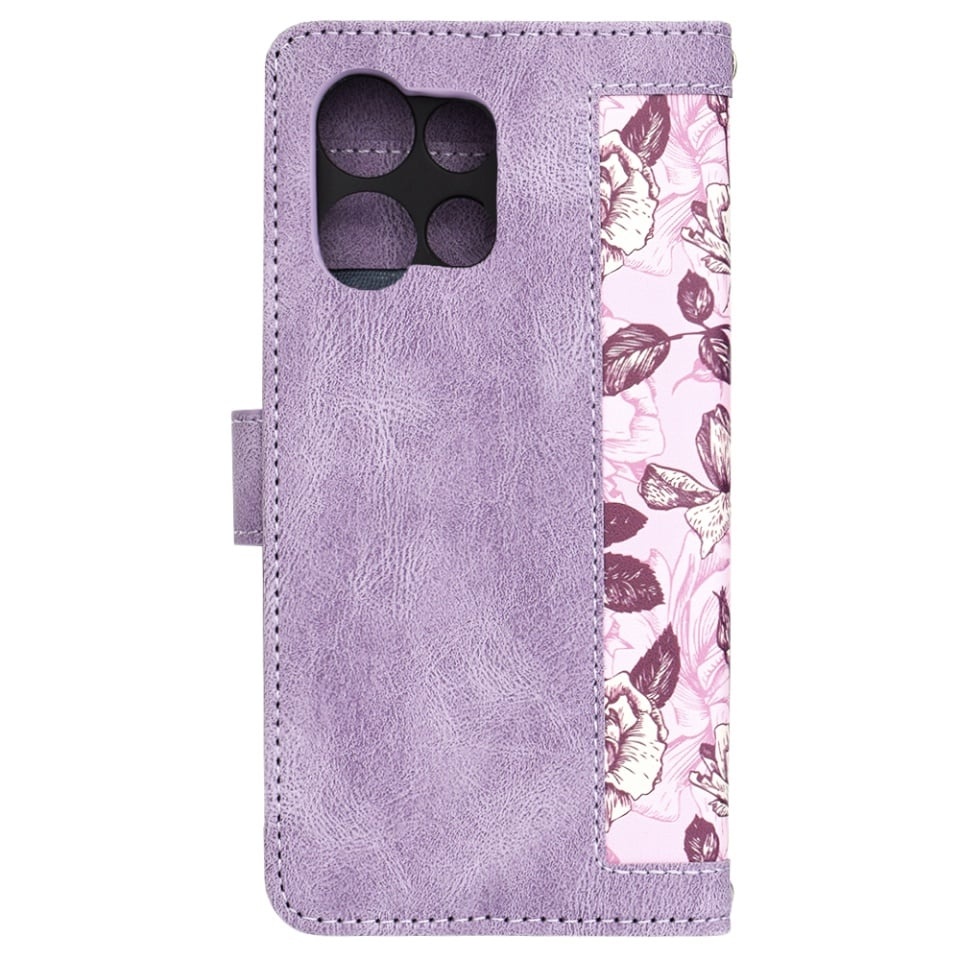 Husa pentru Motorola Moto G75 din Piele Ecologică cu Design Floral, Protecție 360°, Stand Integrat, Buzunare pentru Carduri, SKDR Floral Wallet - Mov - 2 | YEO