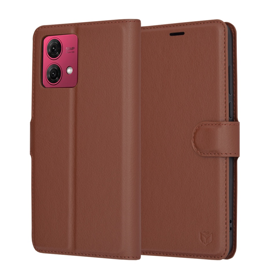 Husa pentru Motorola Moto G84, SKYDDAR INNOVATION, Leather Folio tip Carte, cu Portofel Interior, Finisaje Premium, set cu sticker, Maro