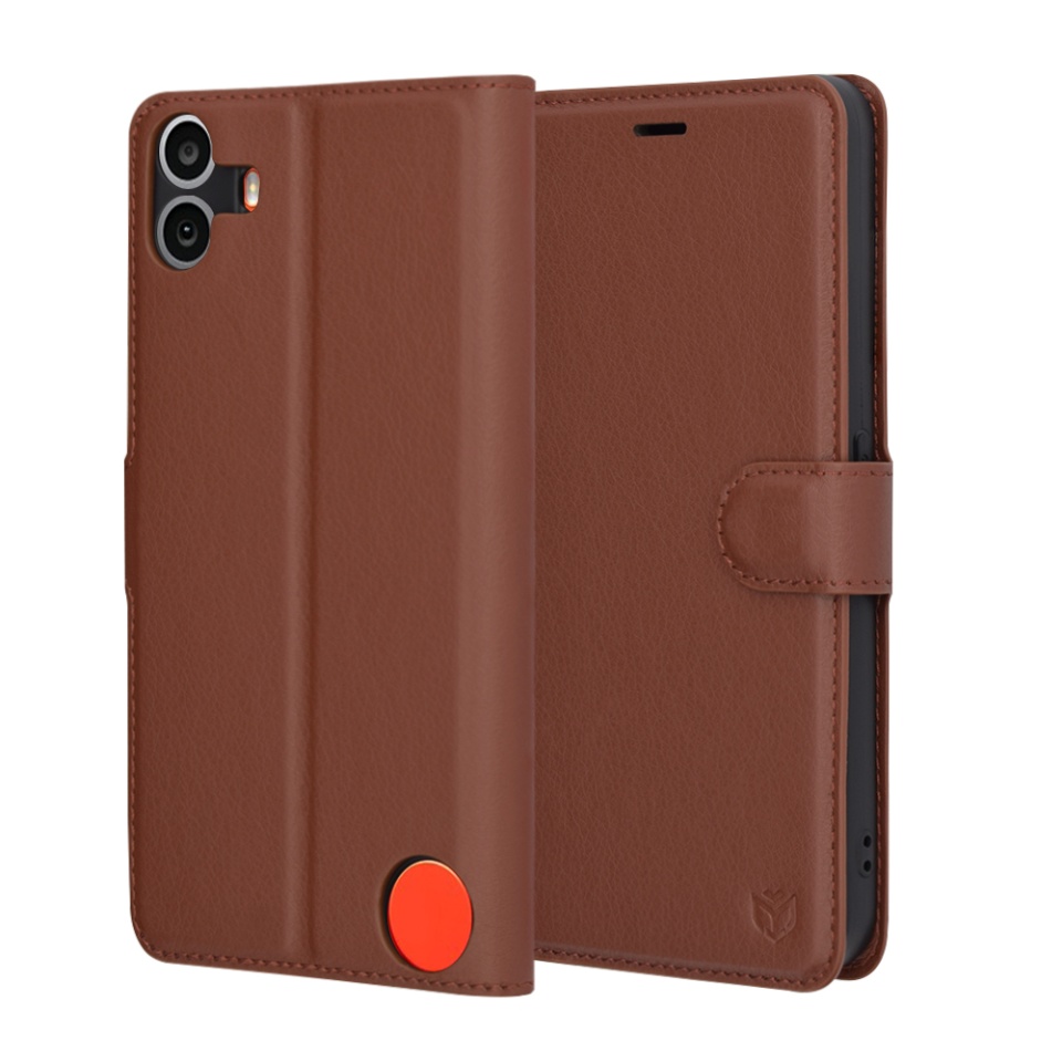 Husa pentru Nothing CMF Phone 1, SKYDDAR INNOVATION, Leather Folio tip Carte, cu Portofel Interior, Finisaje Premium, set cu sticker, Maro