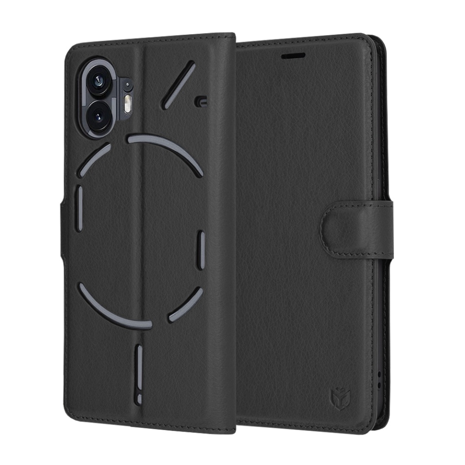 Husa pentru Nothing Phone (2), SKYDDAR INNOVATION, Leather Folio tip Carte, cu Portofel Interior, Finisaje Premium, set cu sticker, Negru