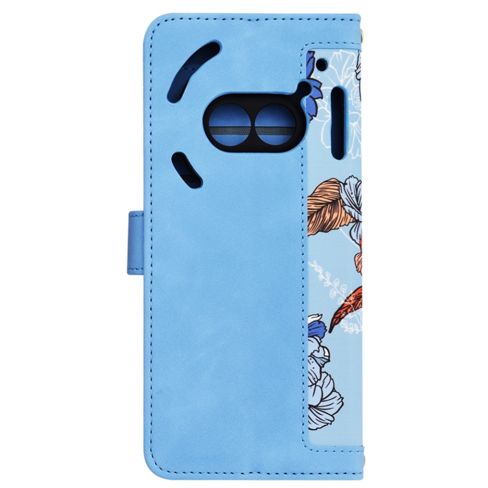 Husa pentru Nothing Phone (2a) din Piele Ecologică cu Design Floral, Protecție 360°, Stand Integrat, Buzunare pentru Carduri, SKDR Floral Wallet - Bleu - 3 | YEO