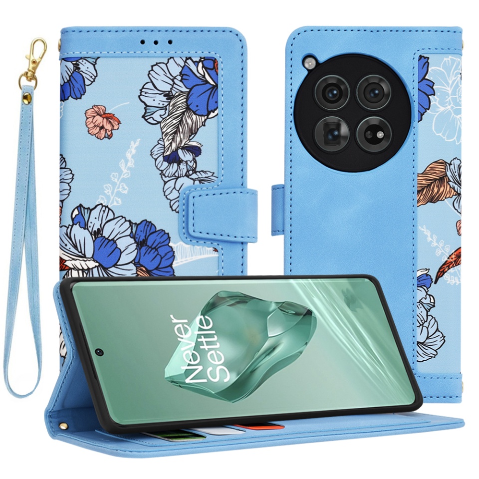Husa pentru OnePlus 12 din Piele Ecologică cu Design Floral, Protecție 360°, Stand Integrat, Buzunare pentru Carduri, SKDR Floral Wallet - Bleu