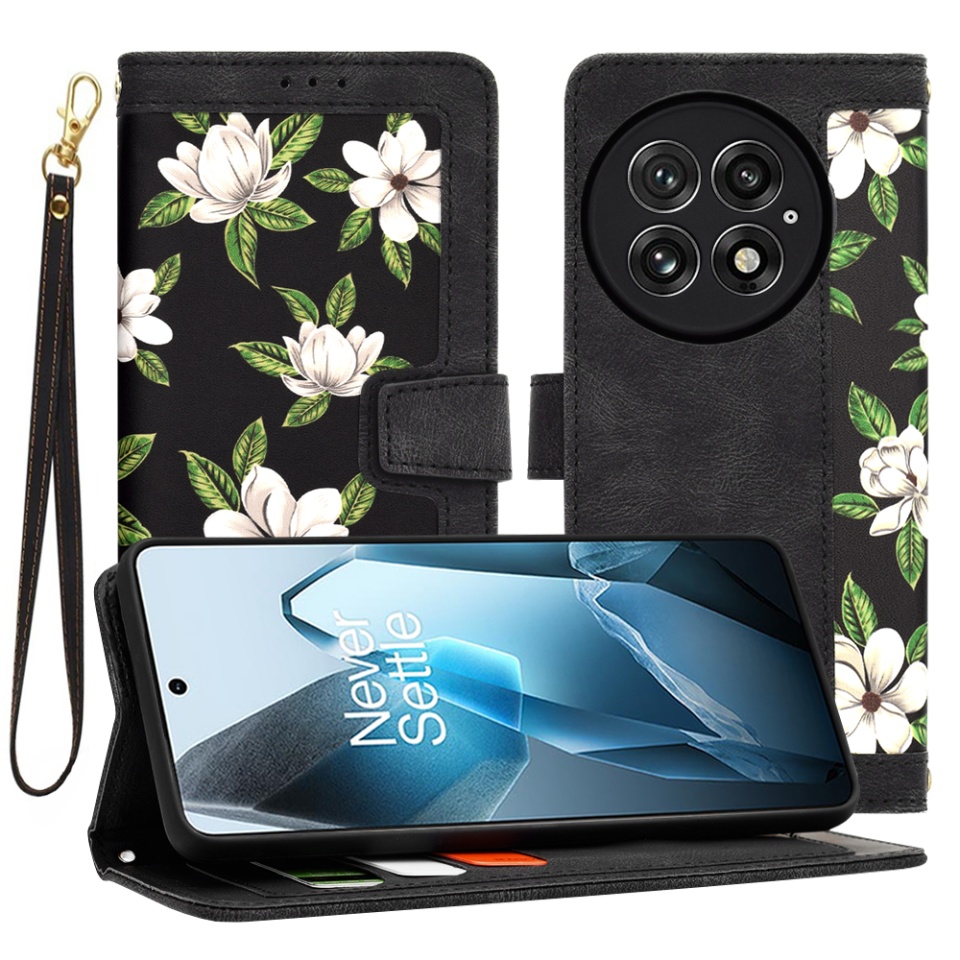 Husa pentru OnePlus 13 din Piele Ecologică cu Design Floral, Protecție 360°, Stand Integrat, Buzunare pentru Carduri, SKDR Floral Wallet - Negru