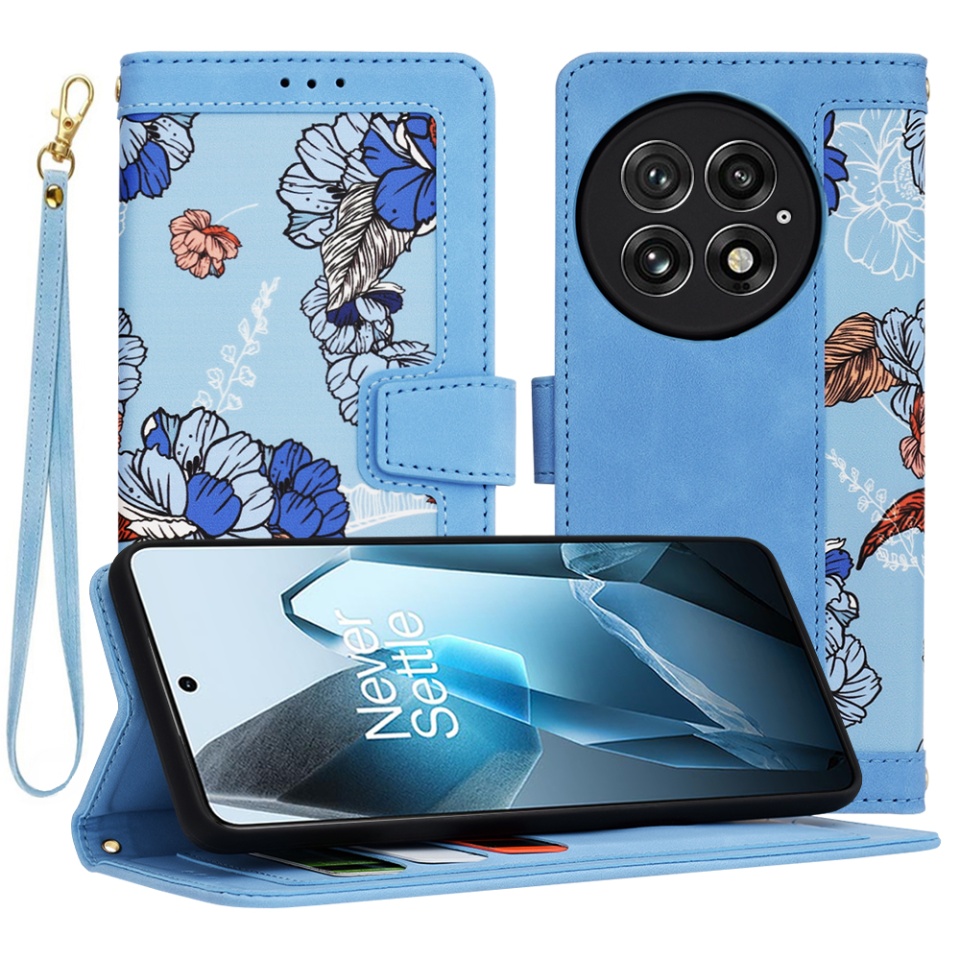 Husa pentru OnePlus 13 din Piele Ecologică cu Design Floral, Protecție 360°, Stand Integrat, Buzunare pentru Carduri, SKDR Floral Wallet - Bleu