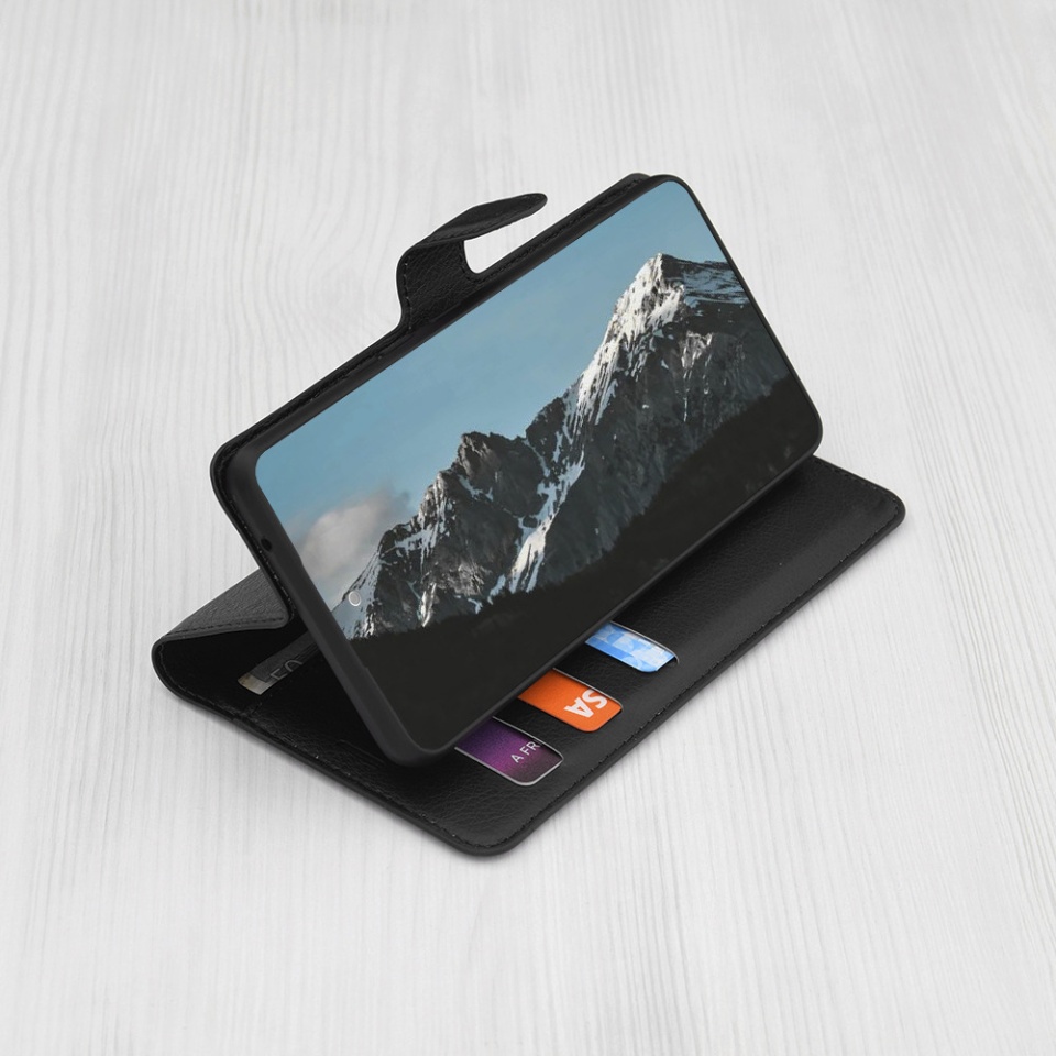 Husa pentru Oppo A5 Pro 5G / A5 Pro 4G, SKYDDAR INNOVATION, Leather Folio, tip Carte, cu Portofel Interior, Finisaje Premium, Negru, set cu sticker - 1 | YEO
