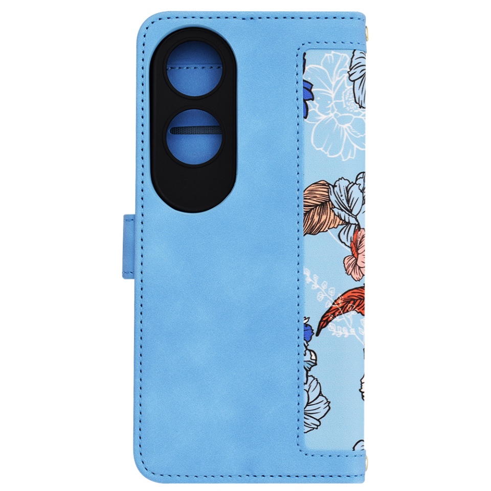 Husa pentru Oppo A60 din Piele Ecologică cu Design Floral, Protecție 360°, Stand Integrat, Buzunare pentru Carduri, SKDR Floral Wallet - Bleu - 2 | YEO