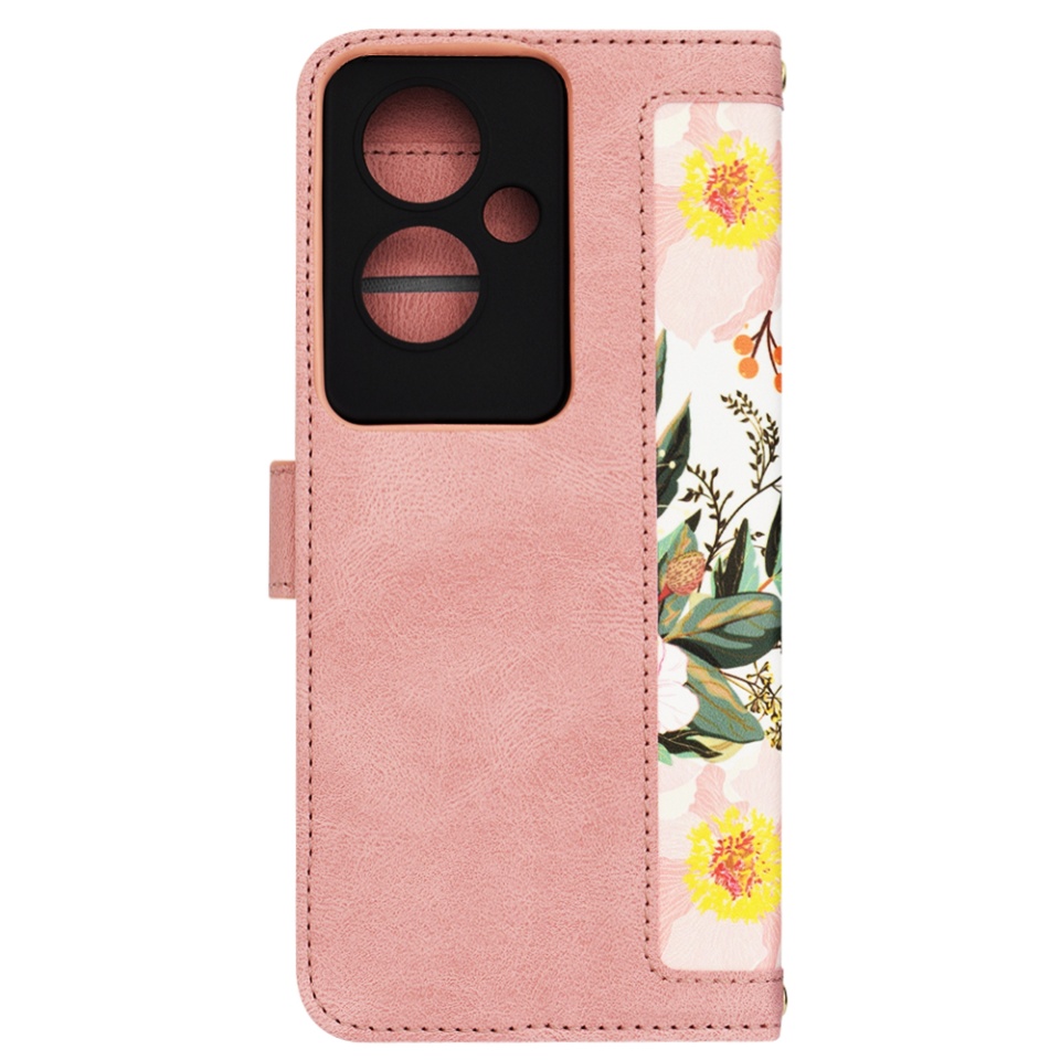 Husa pentru Oppo A79 5G / OnePlus Nord N30 SE din Piele Ecologică cu Design Floral, Protecție 360°, Stand Integrat, Buzunare pentru Carduri, SKDR Floral Wallet - Roz - 3 | YEO