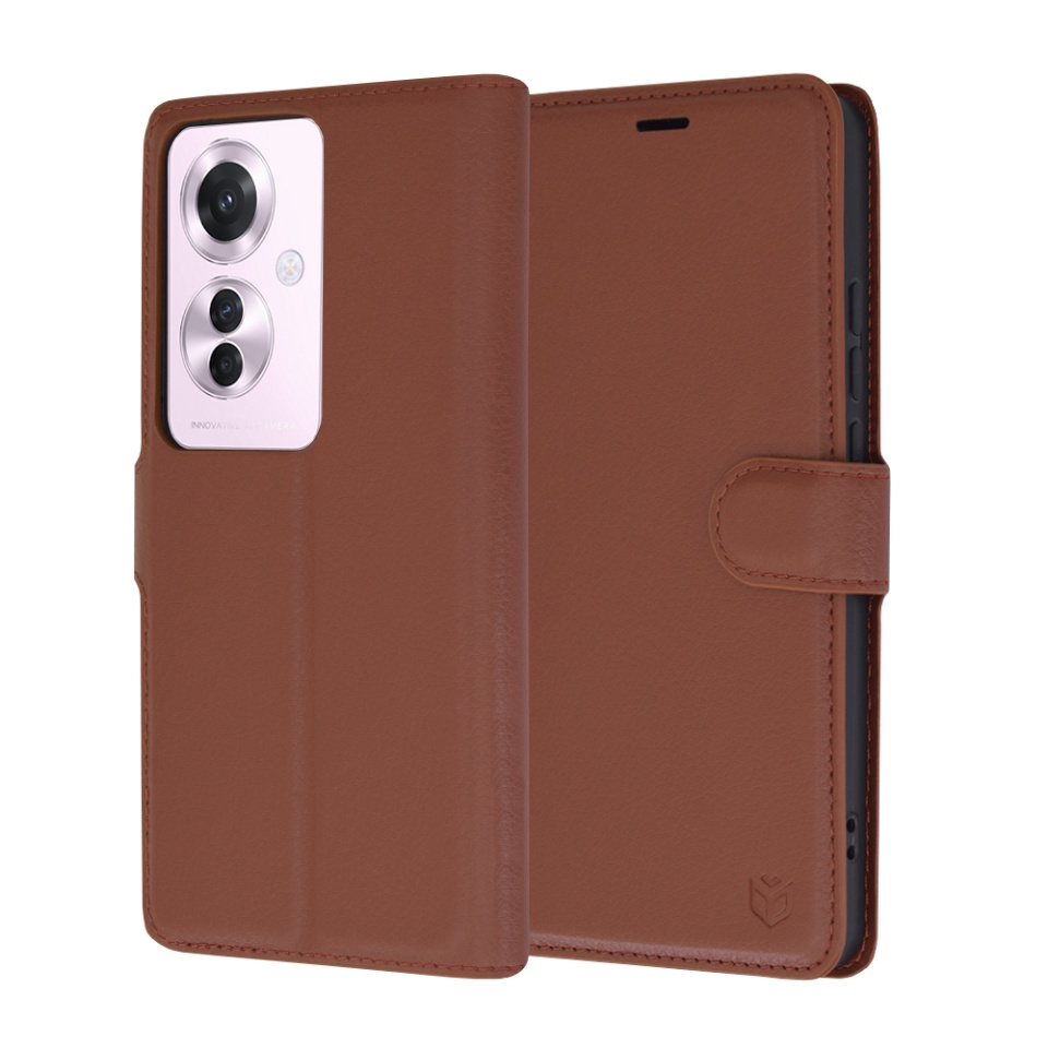 Husa pentru Oppo Reno11 F, SKYDDAR INNOVATION, Leather Folio tip Carte, cu Portofel Interior, Finisaje Premium, set cu sticker, Maro