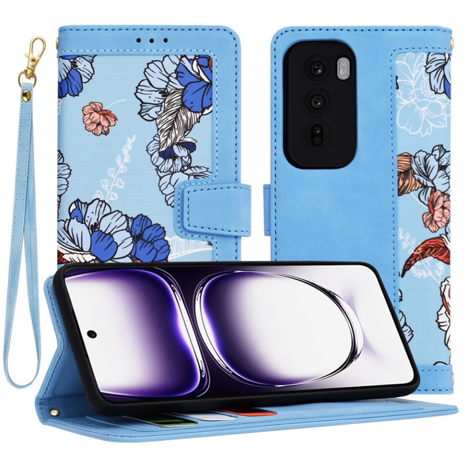 Husa pentru Oppo Reno12 din Piele Ecologică cu Design Floral, Protecție 360°, Stand Integrat, Buzunare pentru Carduri, SKDR Floral Wallet - Bleu