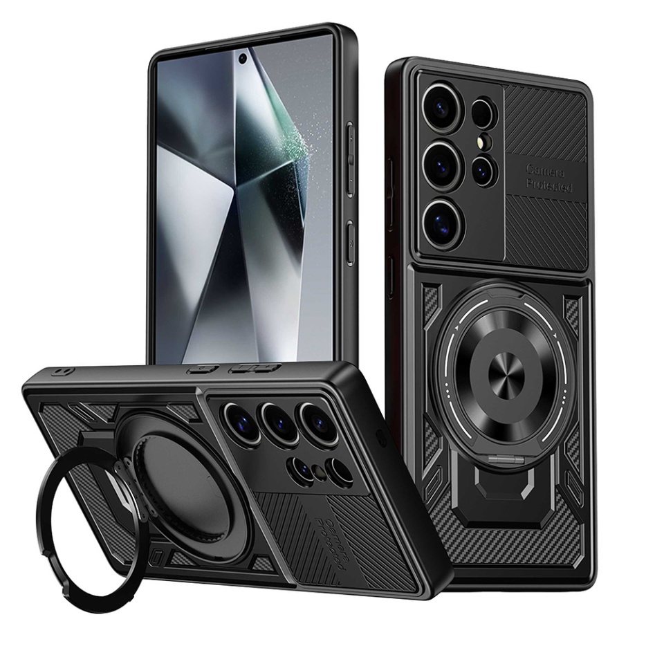 Husa pentru Oppo Reno13 F 4G / Reno13 F 5G / Reno13 FS 5G, SKYDDAR INNOVATION, RuggedCam, Inel magnetic antisoc, set cu sticker, Negru
