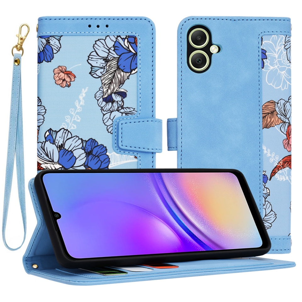 Husa pentru Samsung Galaxy A05 din Piele Ecologică cu Design Floral, Protecție 360°, Stand Integrat, Buzunare pentru Carduri, Floral Wallet cu sticker - Bleu