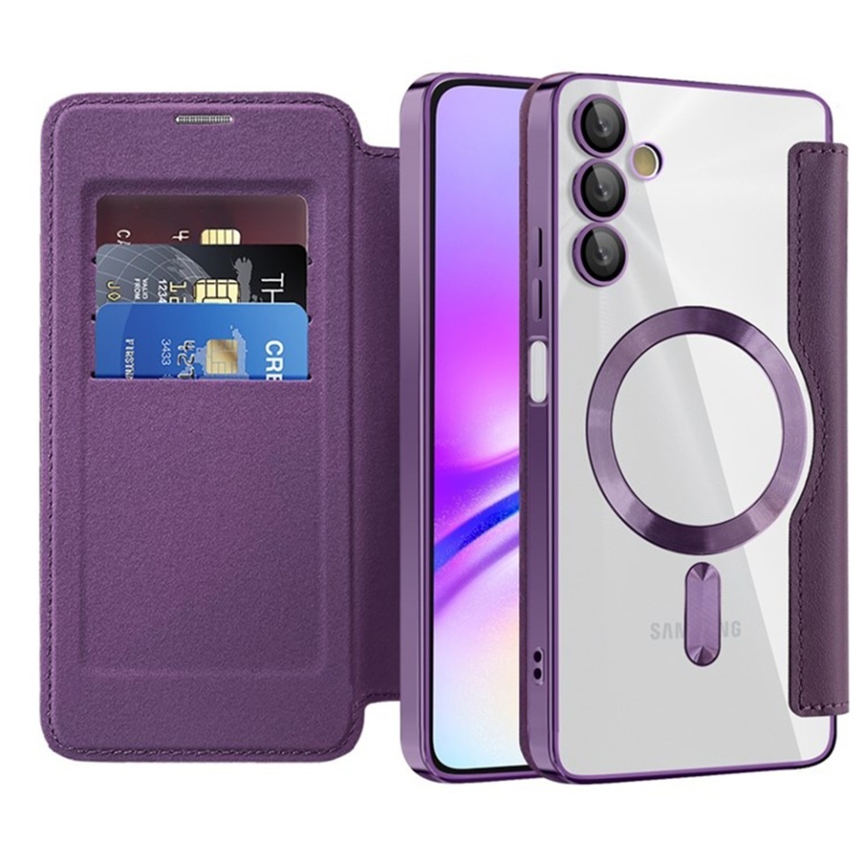 Husa pentru Samsung Galaxy A05s tip carte, SKYDDAR INOVATION, SmartMag Book, Magsafe, RFiD, Suport Carduri, set cu sticker, Mov
