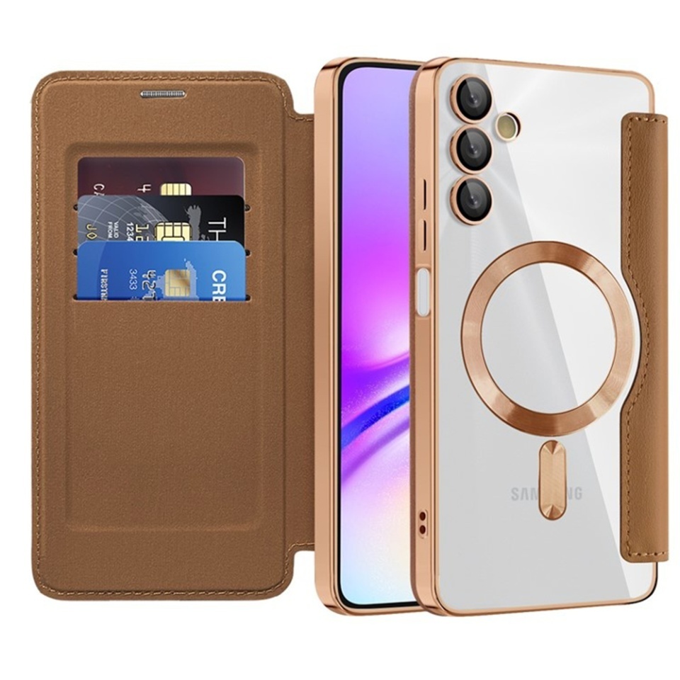 Husa pentru Samsung Galaxy A05s tip carte, SKYDDAR INOVATION, SmartMag Book, Magsafe, RFiD, Suport Carduri, set cu sticker, Maro