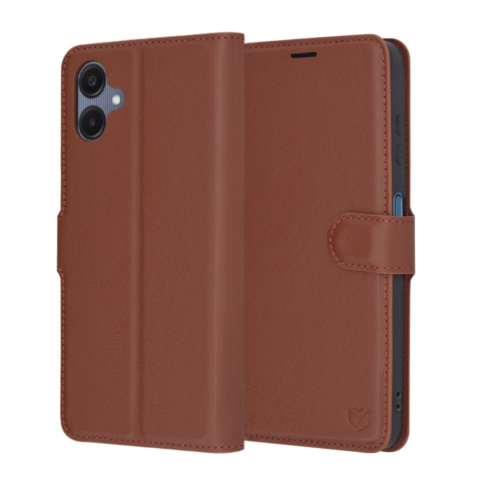 Husa pentru Samsung Galaxy A06, SKYDDAR INNOVATION, Leather Folio, tip Carte, cu Portofel Interior, Finisaje Premium, Maro, set cu sticker