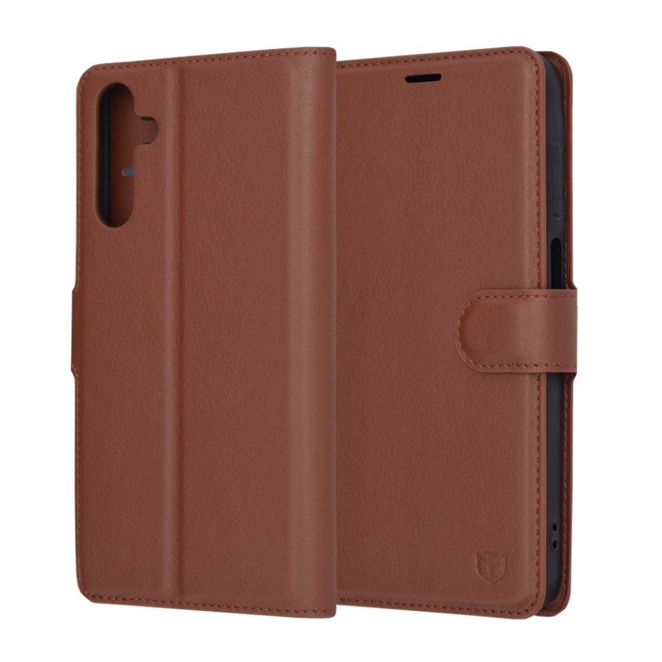 Husa pentru Samsung Galaxy A15 4G / Galaxy A15 5G, SKYDDAR INNOVATION, Leather Wallet, tip Carte, cu Portofel Interior, Finisaje Premium, Maro, set cu sticker