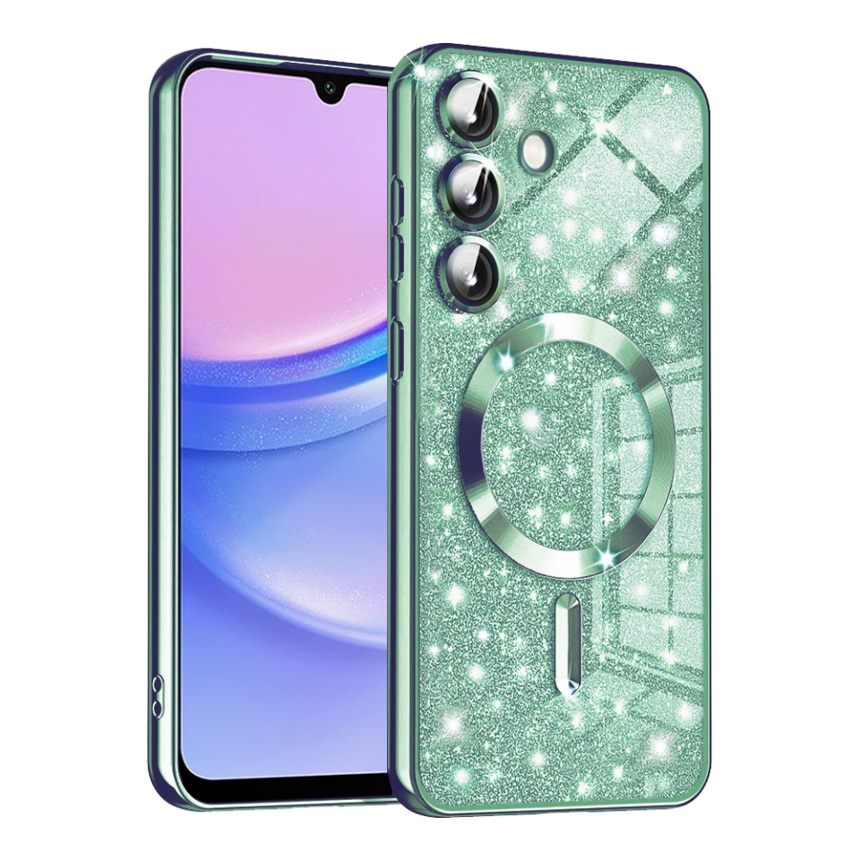 Husa pentru Samsung Galaxy A15 4G / Galaxy A15 5G, SKYDDAR INNOVATION, Luxury Glitter Magsafe, Antisoc, Fundal Detasabil 2-in-1, Margini Ridicate, set cu sticker, Verde deschis