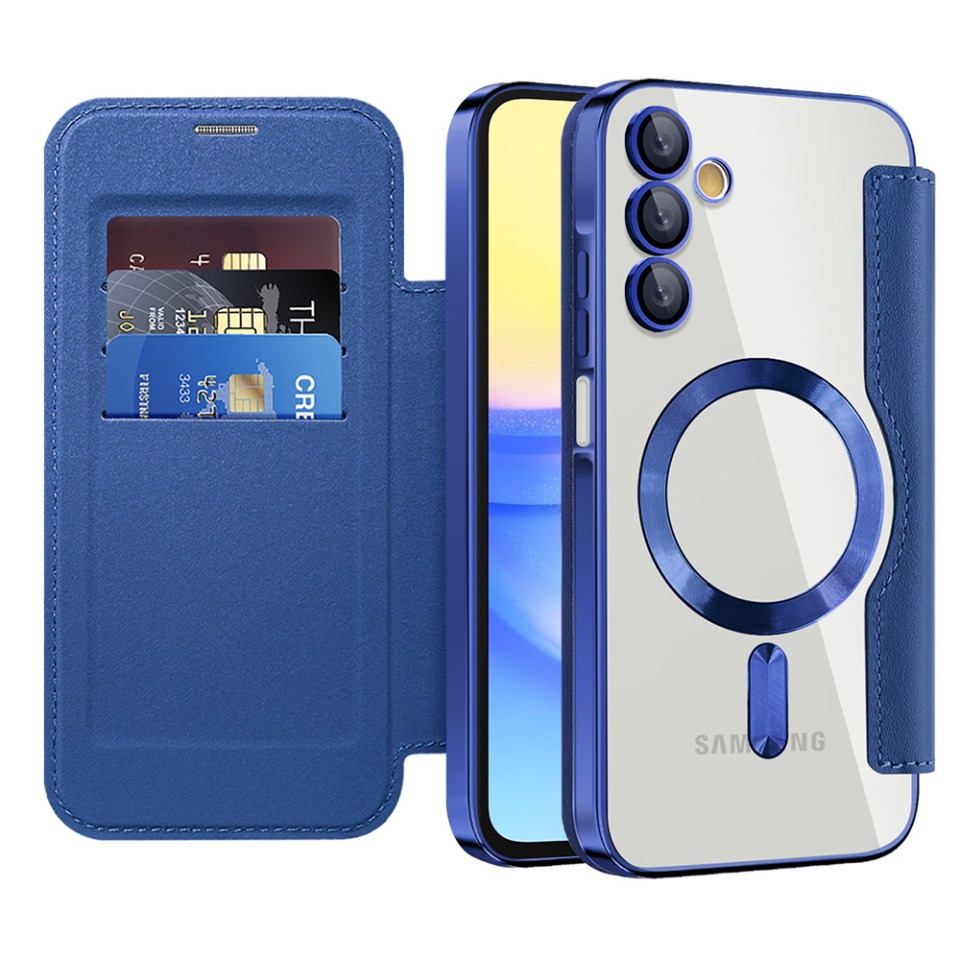 Husa pentru Samsung Galaxy A15 4G / Galaxy A15 5G tip carte, SKYDDAR INOVATION, SmartMag Book, Magsafe, RFiD, Suport Carduri, set cu sticker, Albastru