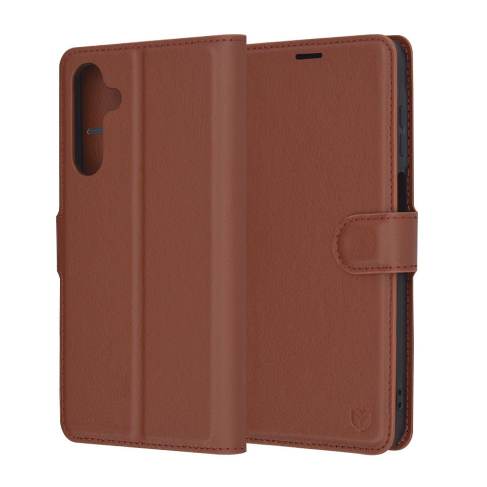 Husa pentru Samsung Galaxy A16 4G / Galaxy A16 5G, SKYDDAR INNOVATION, Leather Wallet, tip Carte, cu Portofel Interior, Finisaje Premium, Maro, set cu sticker