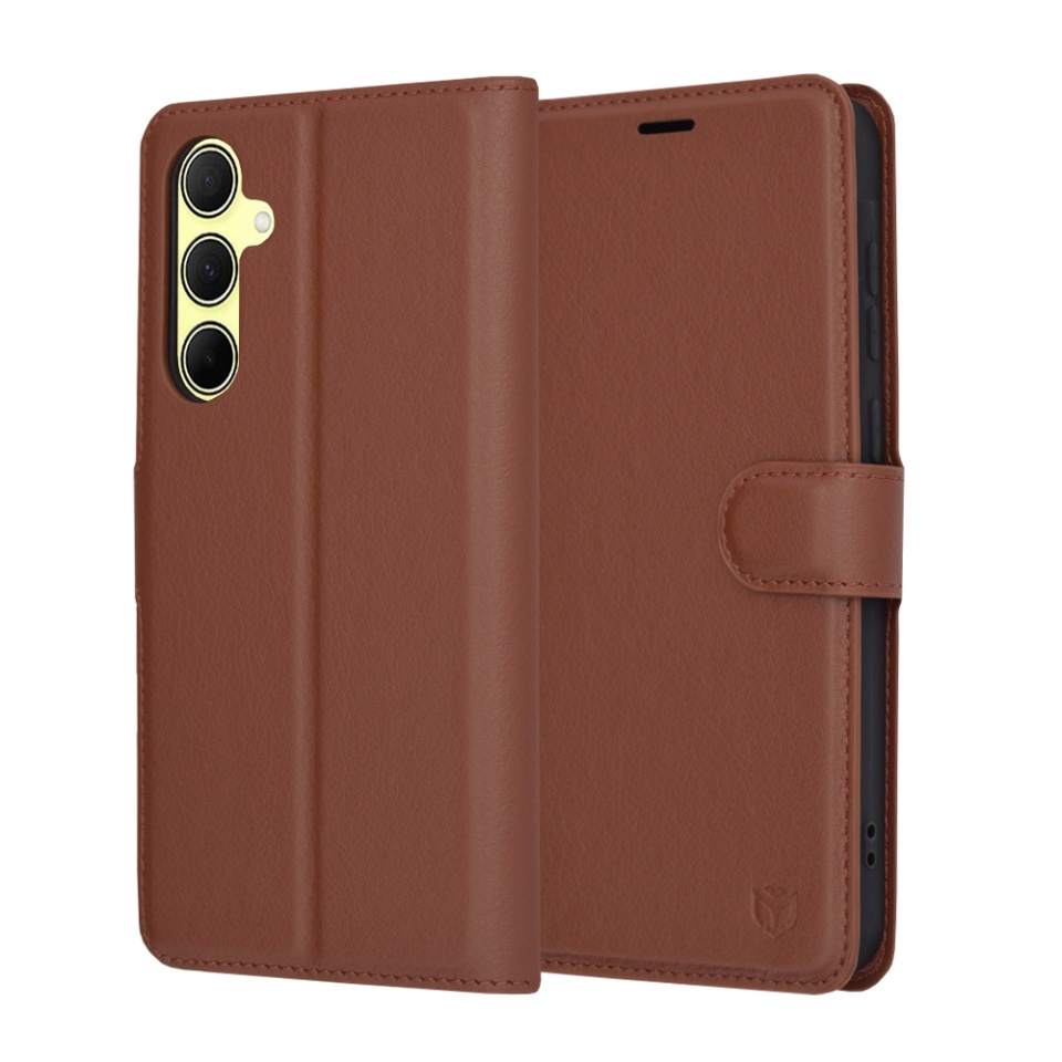 Husa pentru Samsung Galaxy A35 5G, SKYDDAR INNOVATION, Leather Folio tip Carte, cu Portofel Interior, Finisaje Premium, set cu sticker, Maro