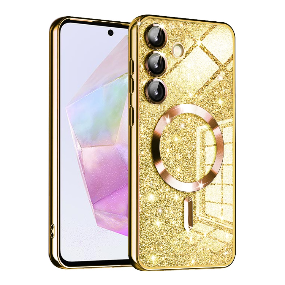 Husa pentru Samsung Galaxy A35 5G, SKYDDAR INNOVATION, Luxury Glitter Magsafe, Antisoc, Fundal Detasabil 2-in-1, Margini Ridicate, set cu sticker, Auriu